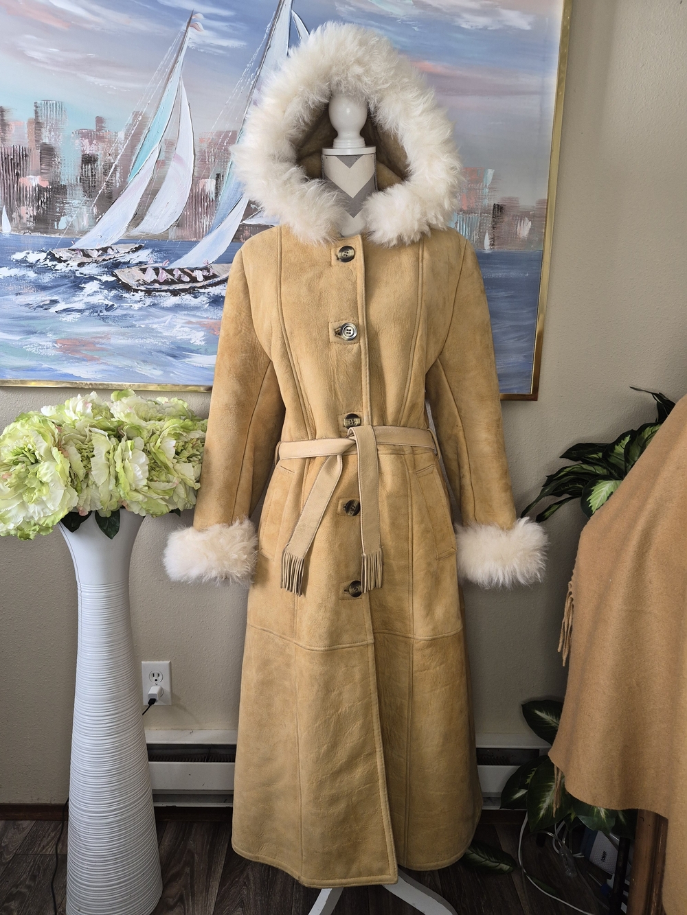 Vintage Castille Womens Fur Trim Shearling Hooded Coat